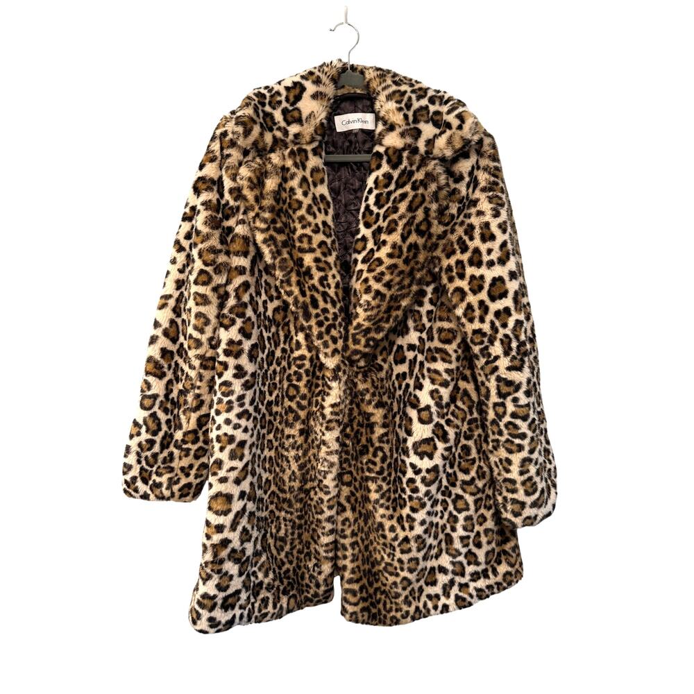 NEW! Calvin Klein L Leopard Print Faux Fur $299 Long Coat Jacket Animal Print - Picture 2 of 12